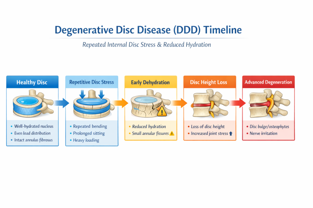 mechanisms of degenerative disc disease, including disc dehydration, annular tears and reduced disc height in the spine.