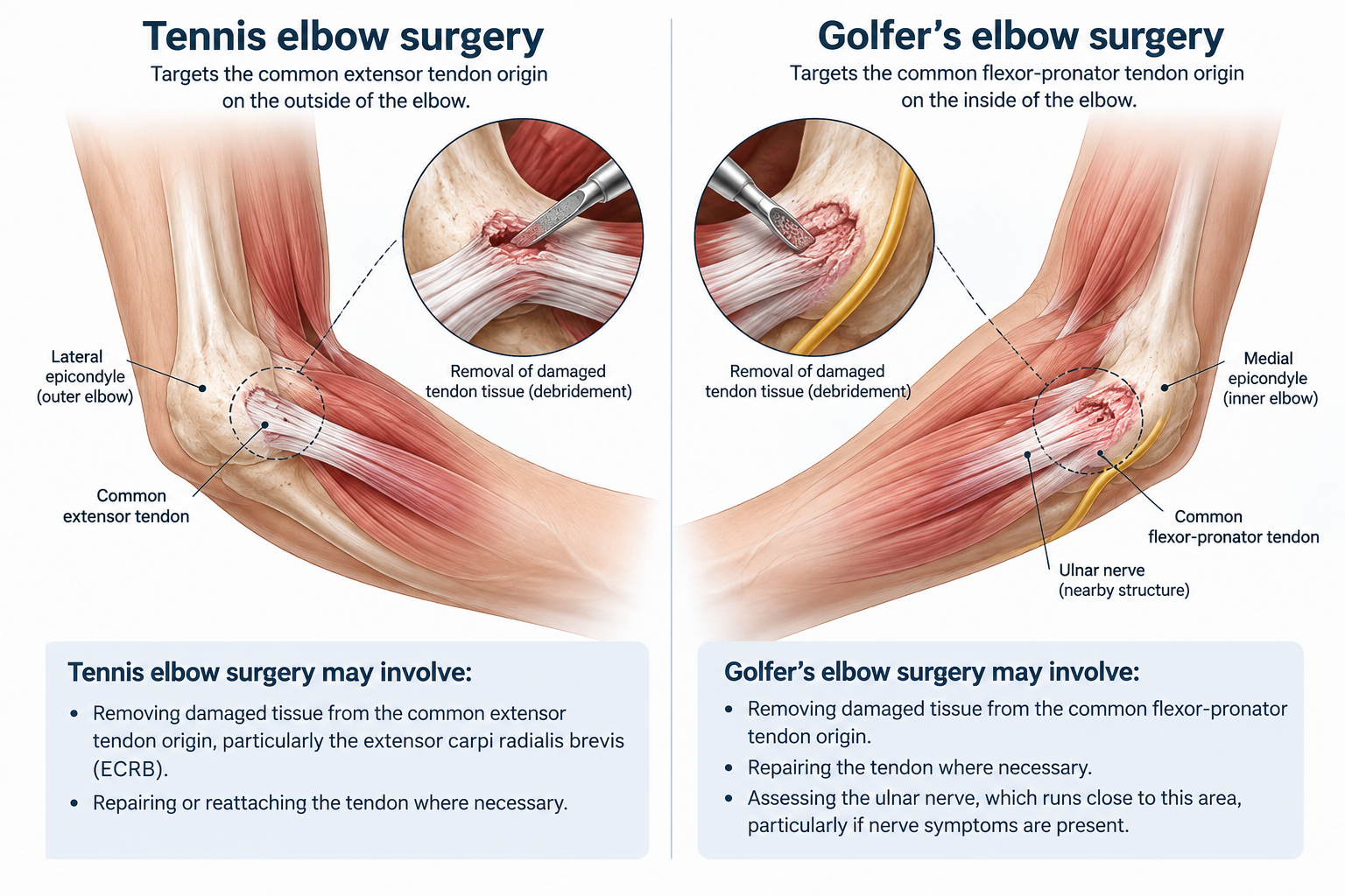 Diagram comparing tennis elbow and golfer’s elbow surgery, showing the different tendon origins treated and the nearby ulnar nerve.