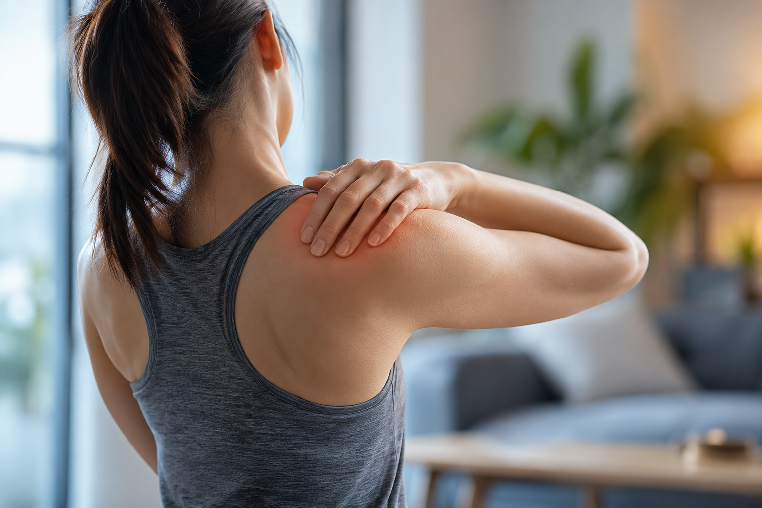 Woman experiencing shoulder pain and discomfort.