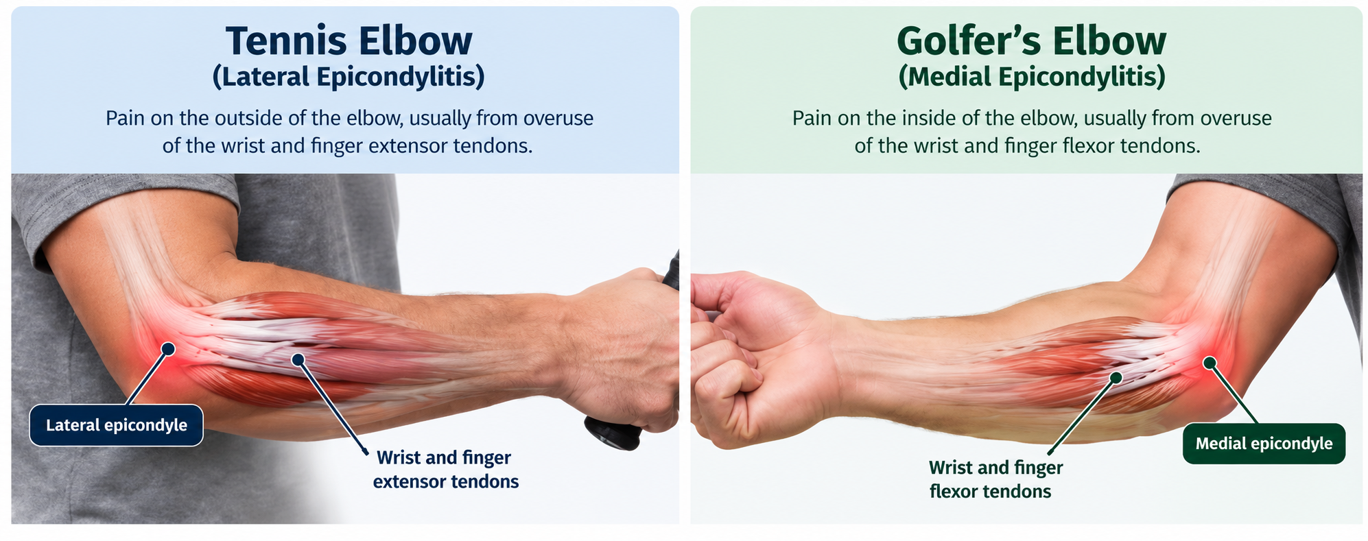 Diagram comparing tennis elbow on the outside of the elbow with golfer’s elbow on the inside.